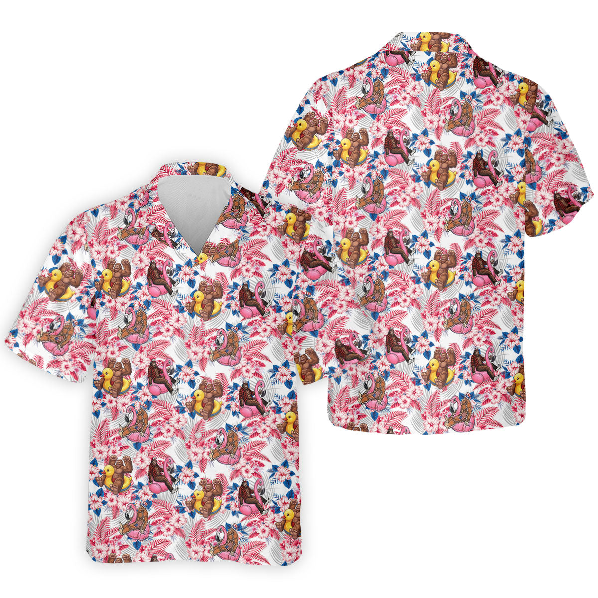 Funny Bigfoot Pool Party Hawaiian Golf Shirt, Red White Blue Tropical Flamingo Golf Shirts For Men