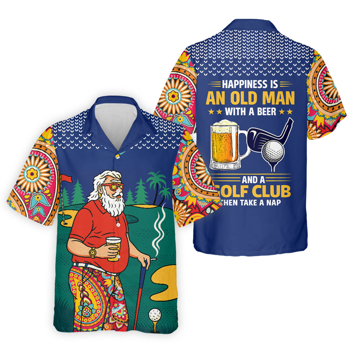 Retro Bearded Golfer Holding Beer Golf Polo Shirt, Mens Golf Shirts, Printed Golf Shirts