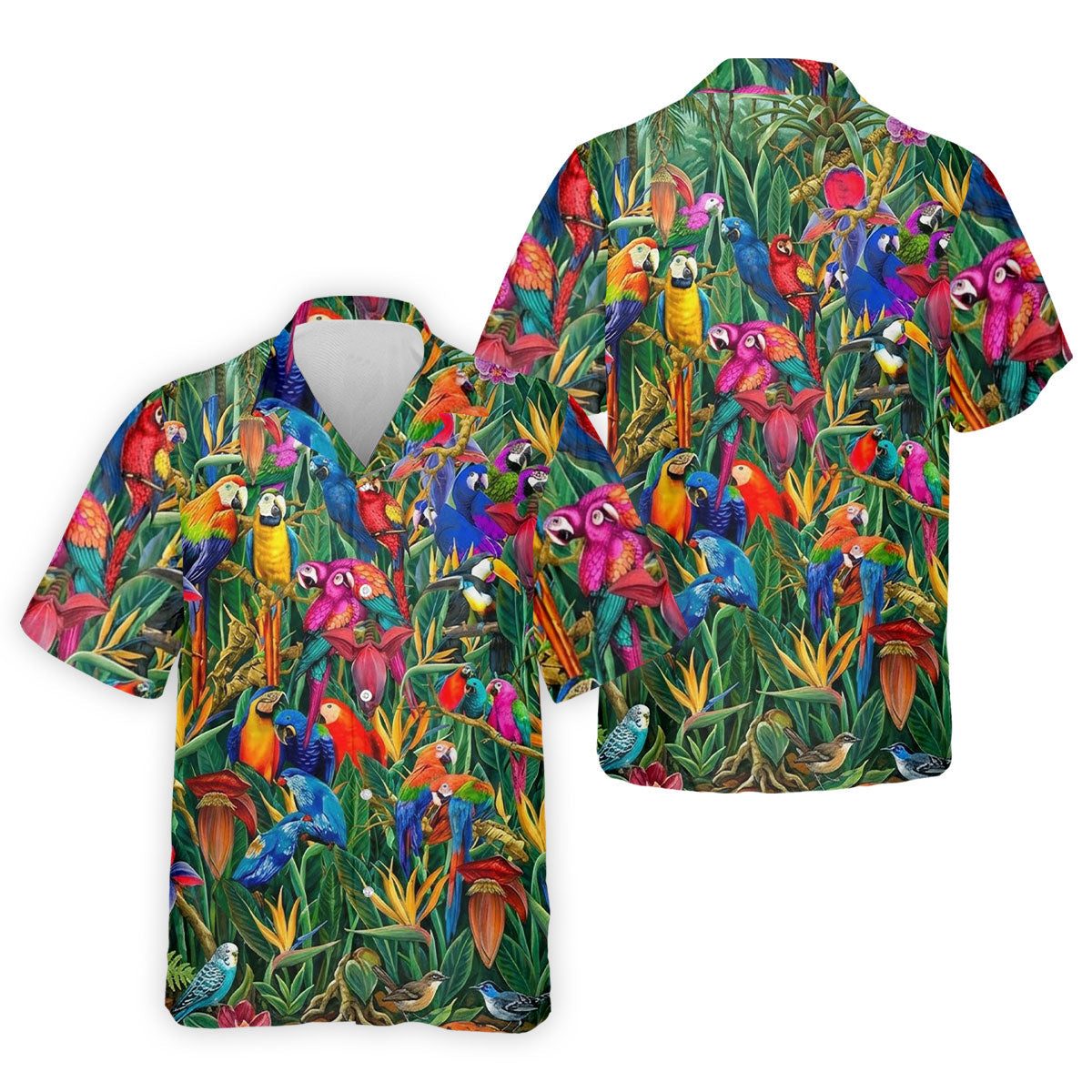 Tropical Colorful Parrots Rainforest Bird Print Golf Polo, Hawaiian Golf Shirt, Printed Golf Shirts