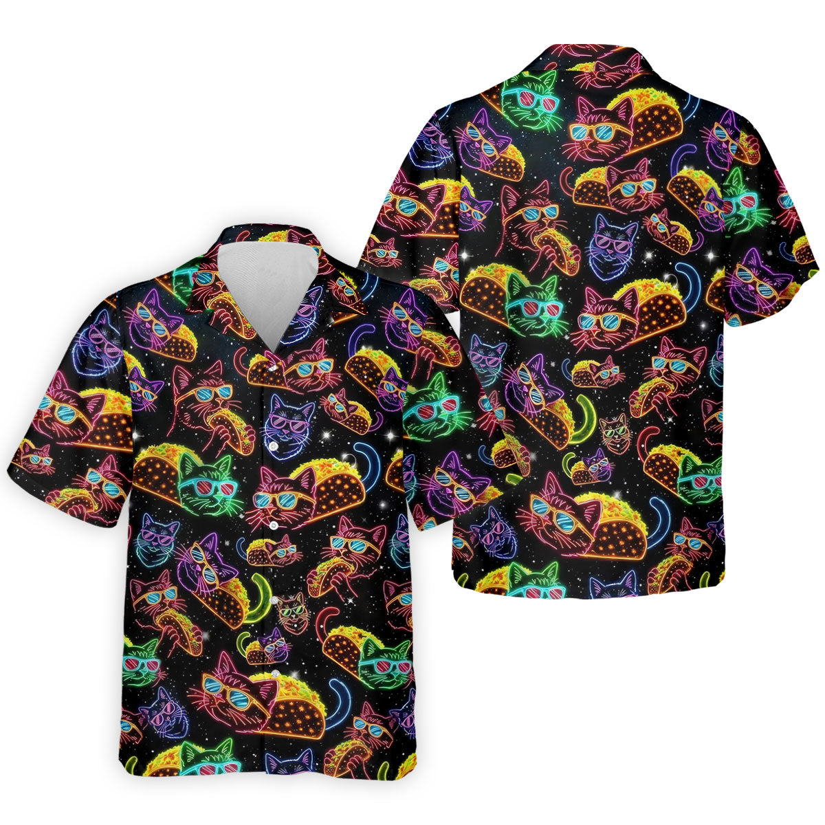 Neon Cat Taco Fiesta Time Hawaiian Golf Shirt, Cinco De Mayo Celebration Golf Shirts For Men