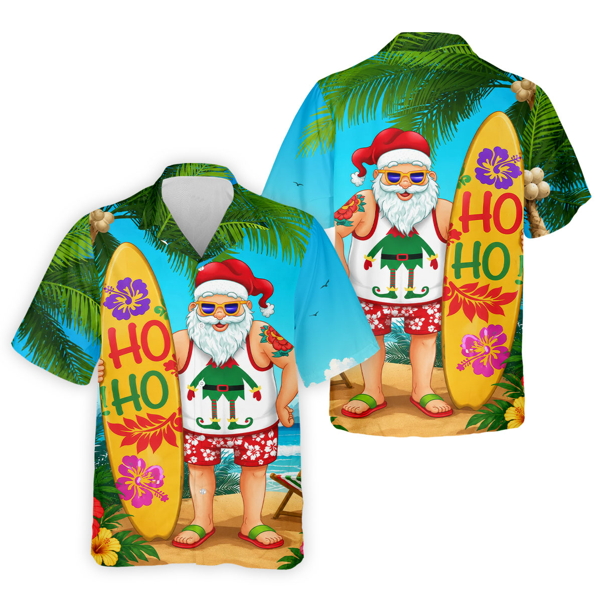 Surfboard Santa Tropical Christmas Golf Shirt, Men's Golf Shirt, Hawaiian Golf Shirt