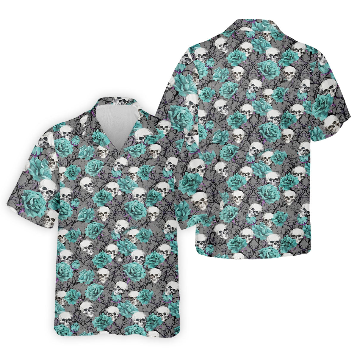 Teal Rose Skull Gothic Pattern Golf Polo Shirt, Mens Golf Shirts, Hawaiian Golf Shirt