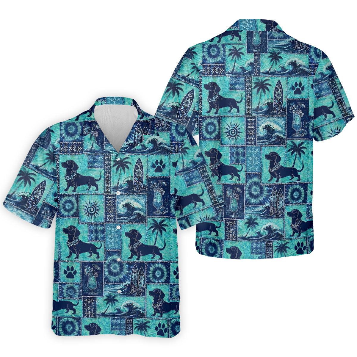 Funny Tropical Dog Surf Patchwork Golf Polo Shirt, Mens Golf Polo, Printed Golf Shirts