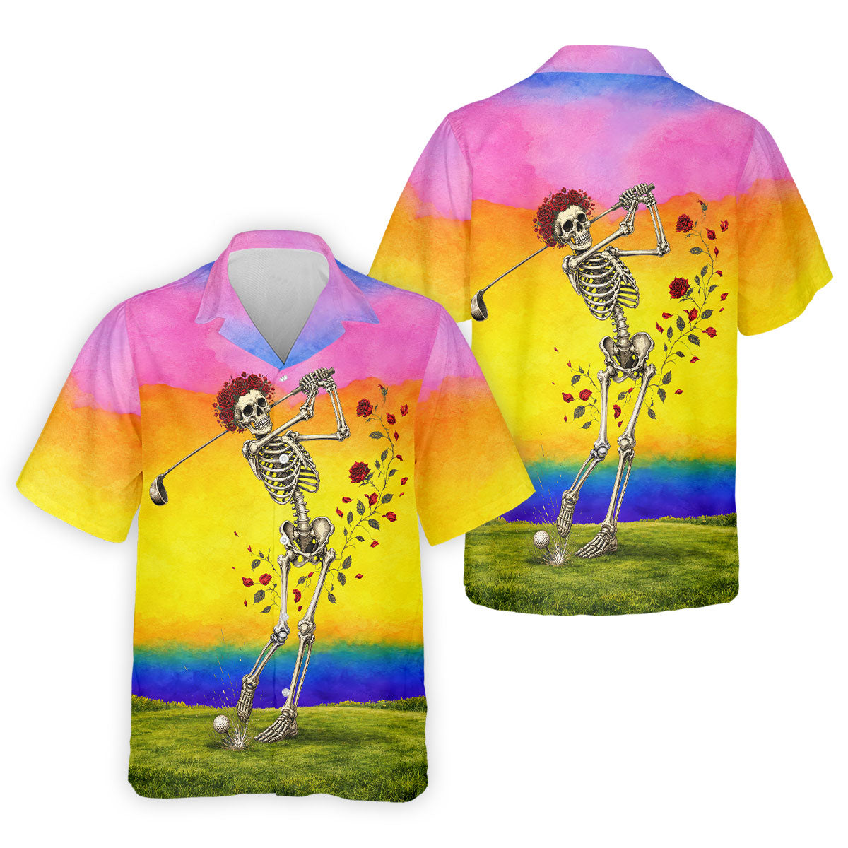 Rainbow Skeleton Golfer Golf Polo Shirt, Mens Golf Shirts, Hawaiian Golf Shirt