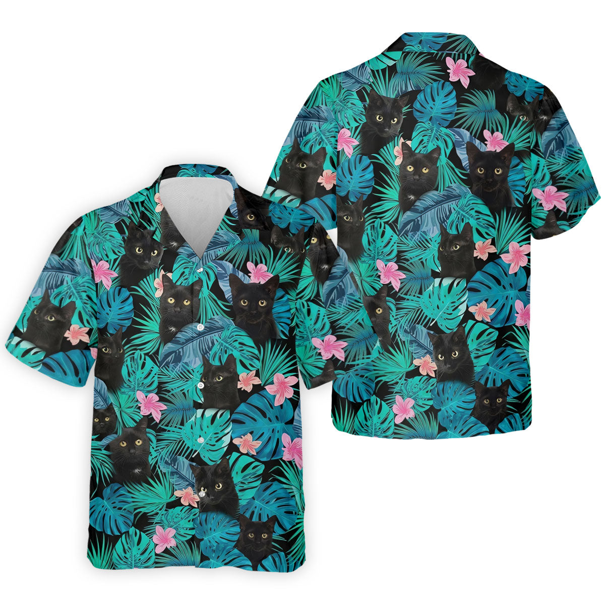 Black Cat Tropical Monstera Hawaiian Golf Polo Shirt, Hawaiian Golf Shirt, Golf Shirts For Men