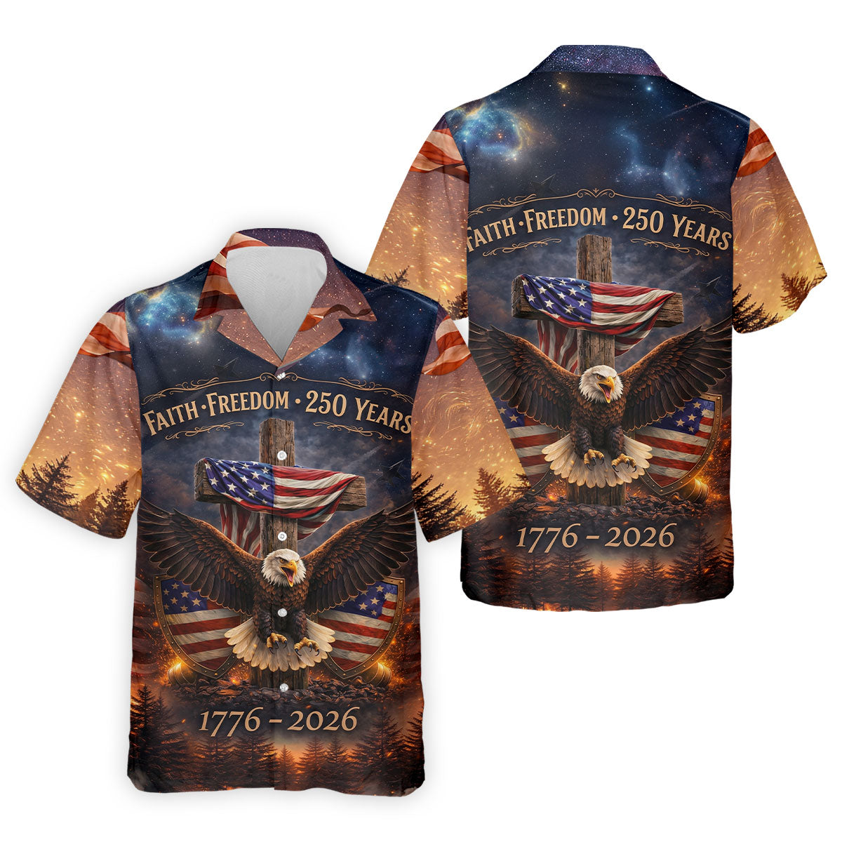 Faith Freedom 250 Years Galaxy Pattern US Flag Golf Shirt, Patriotic 4th Of July Golf Shirts For Men