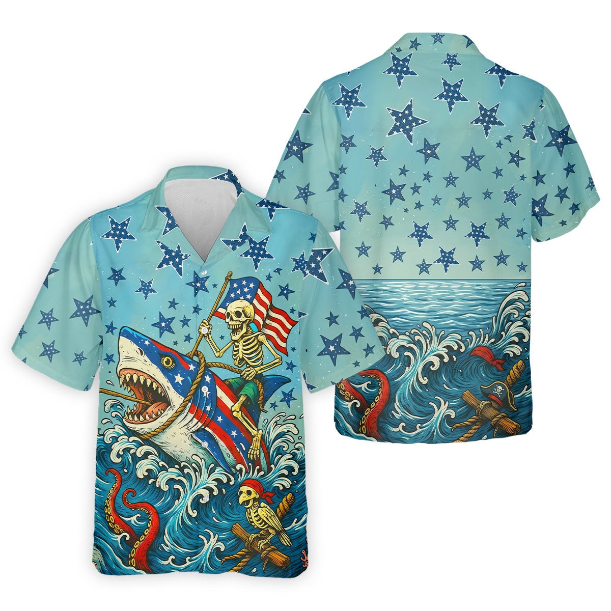 Skeleton Riding Shark Patriotic Golf Shirt, 4th Of July Golf Shirt, 250 Years Polo Shirts For Men