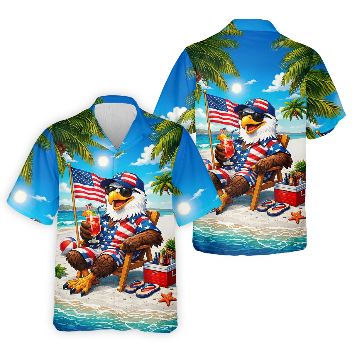 Funny Bald Eagle US Flag Pattern Hawaiian Golf Shirt, 250 Years Patriotic 4th Of July Golf Shirts For Men