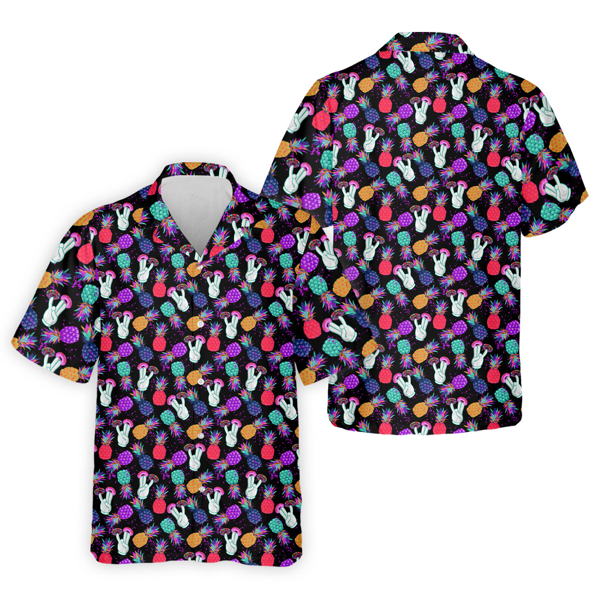 Hawaiian Pineapples Donut Finger Turquoise Orange Purple Fun Golf Shirts For Men, Polo Shirts For Men