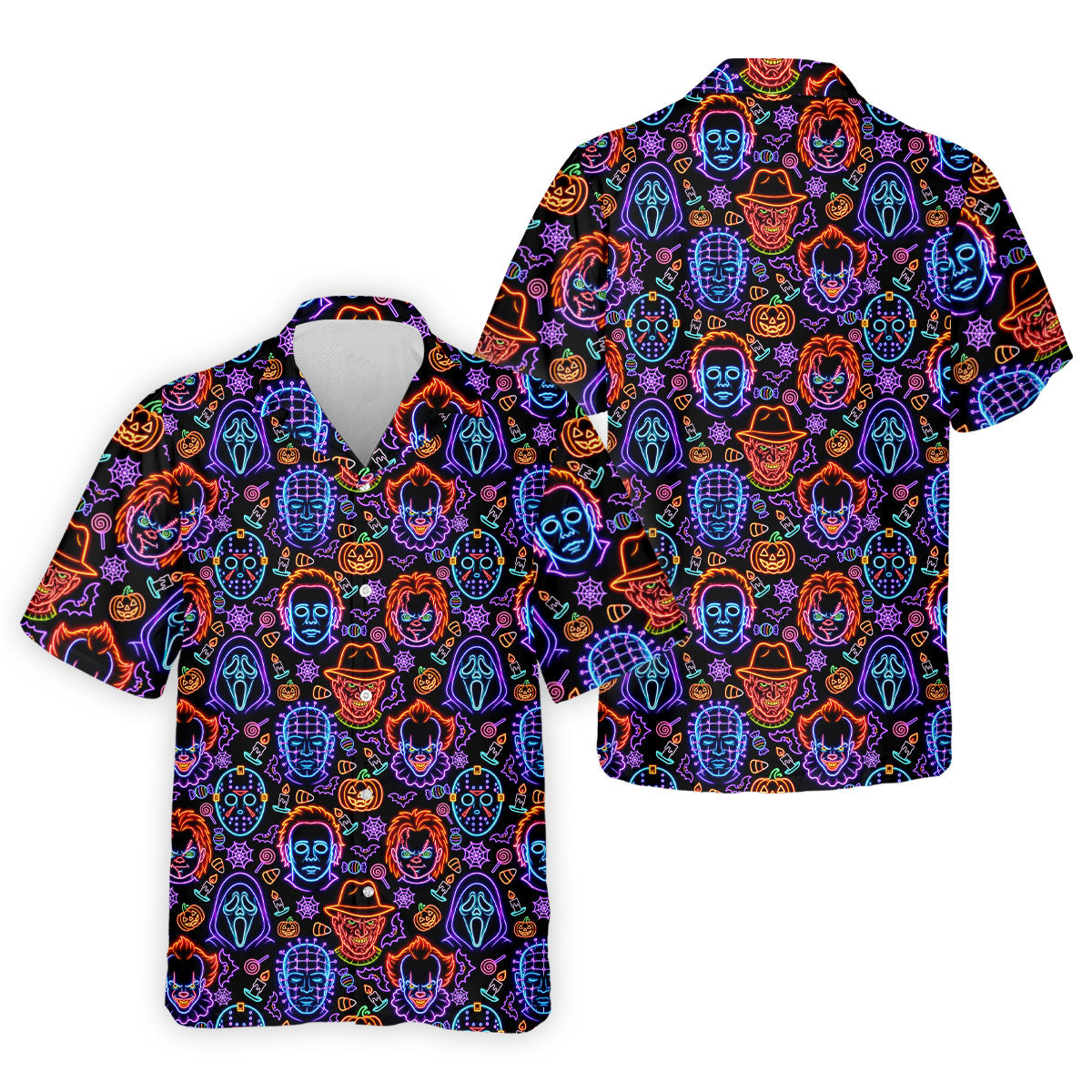 Neon Horror Character Movie Villain Pattern Golf Polo Shirt, Men's Golf Polo, Hawaiian Golf Shirt