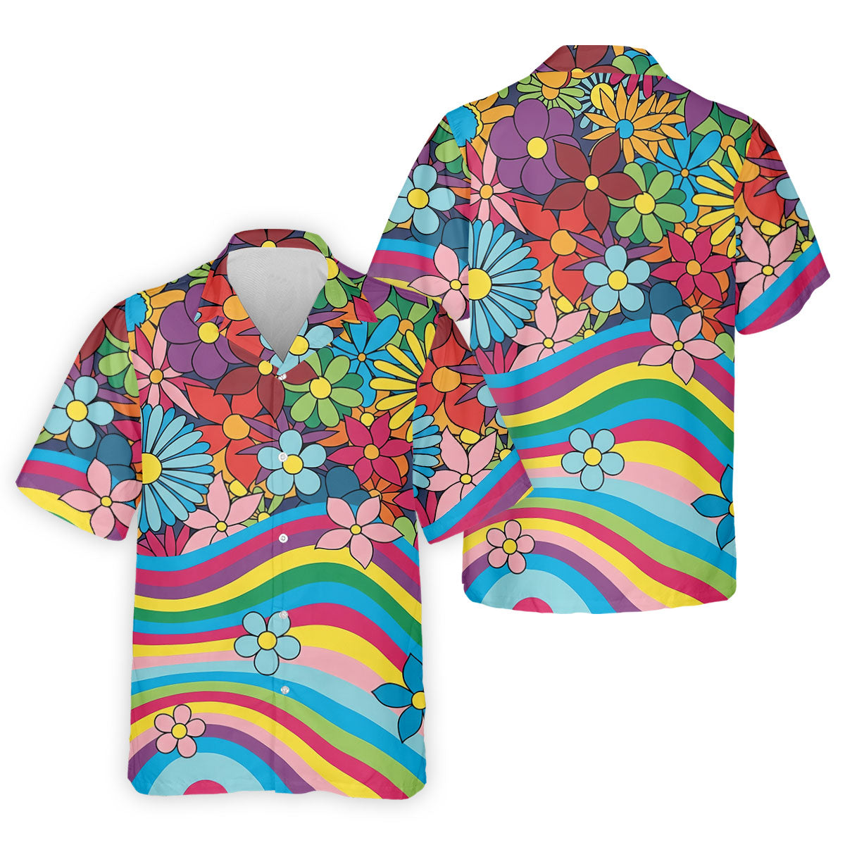Retro Rainbow Floral Hippie Hawaiian Golf Shirt, Golf Polo Shirts For Men, Mens Golf Apparel