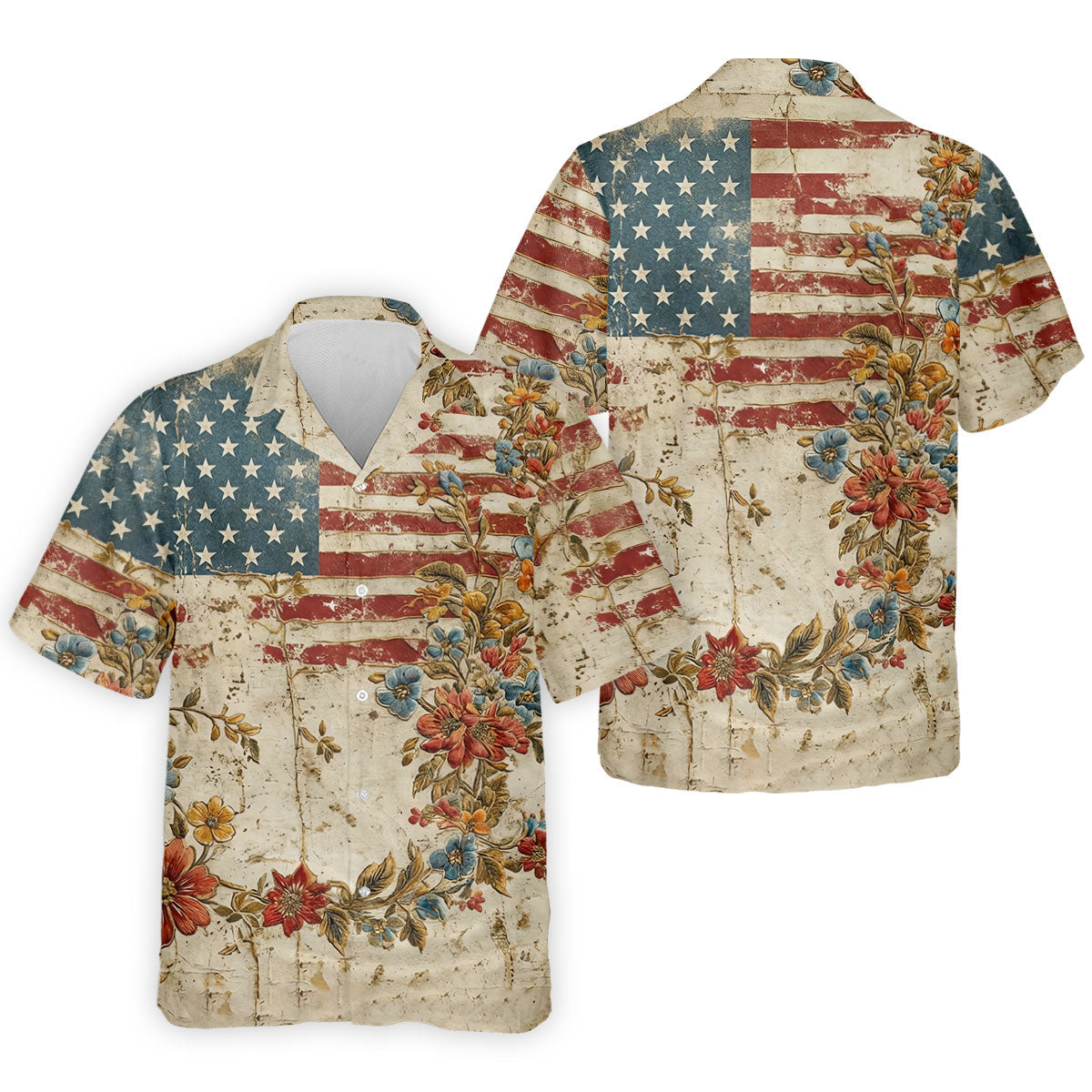 Floral American Flag Vintage Golf Shirt, 250 Years Patriotic 4th Of July Golf Shirts For Men