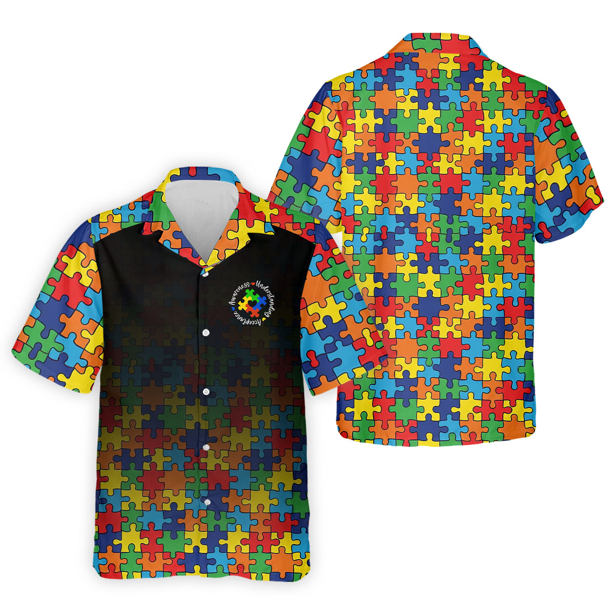 Acceptance Awareness Understanding Autism Awareness Puzzle Pattern Black Fade Golf Shirts For Men