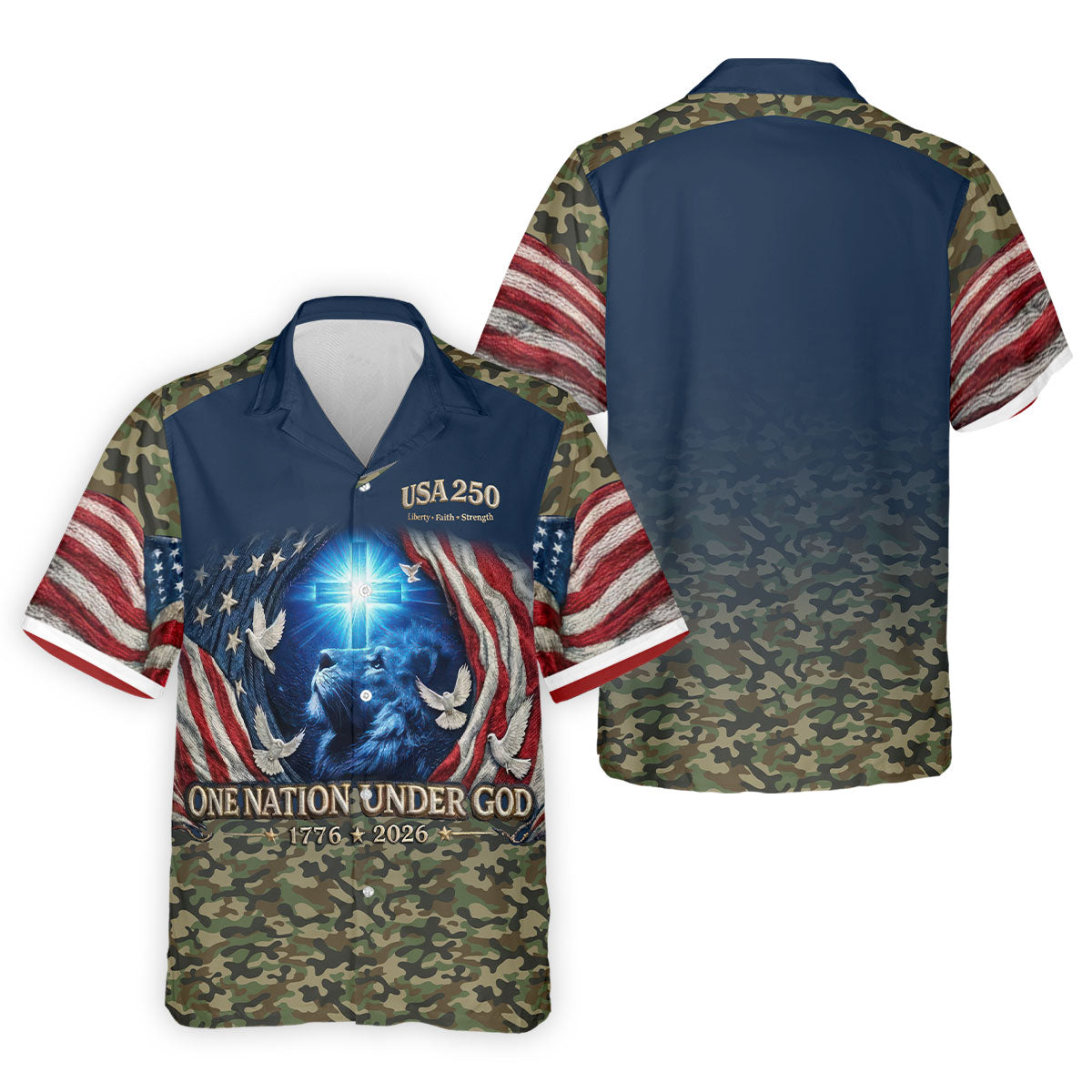 One Nation Under God Faith Cross USA 250 Navy Camo Golf Shirt, 4th Of July Golf Shirts For Men