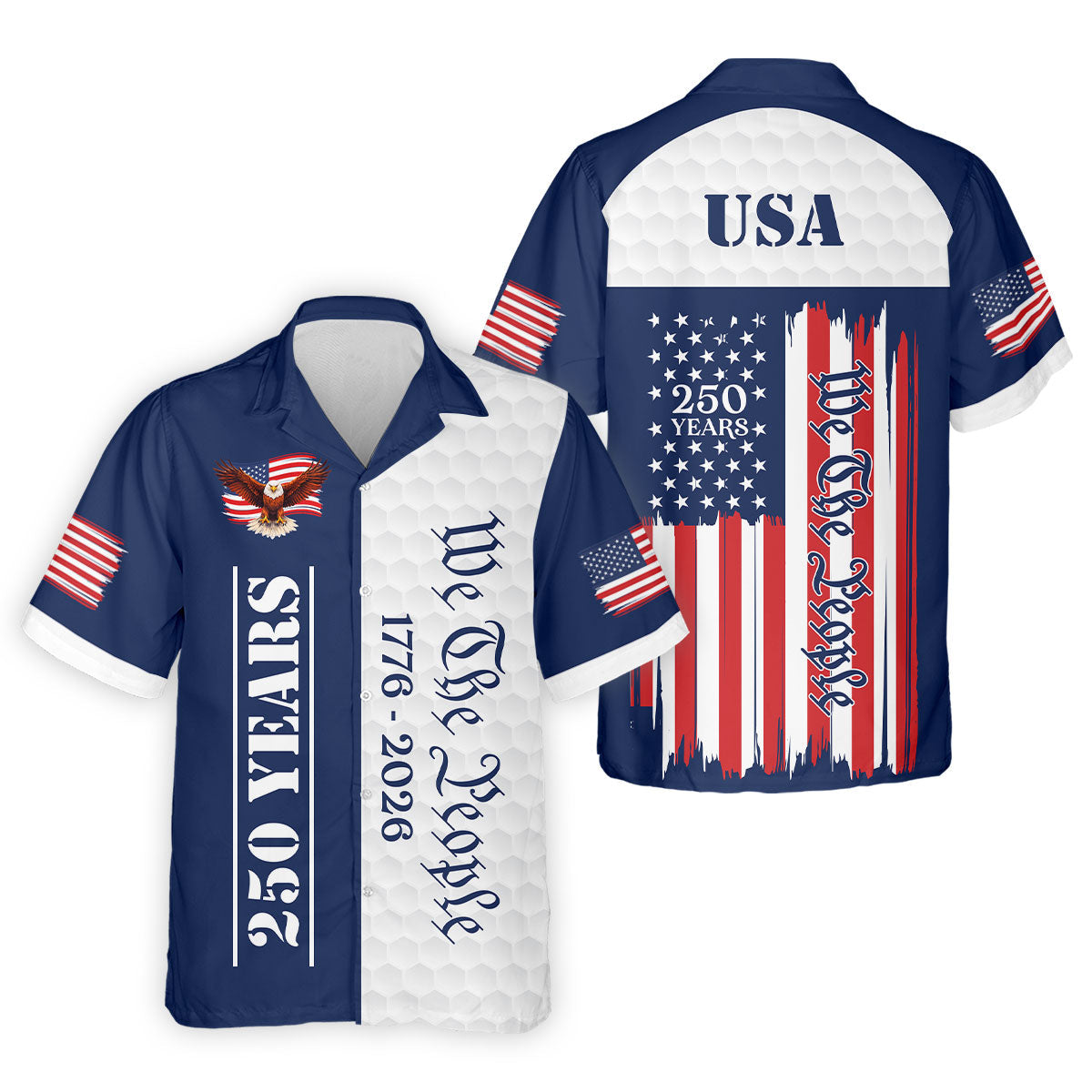 We The People Bald Eagle US Flag Golf Ball Pattern 250 Years Patriotic 4th Of July Golf Shirts For Men