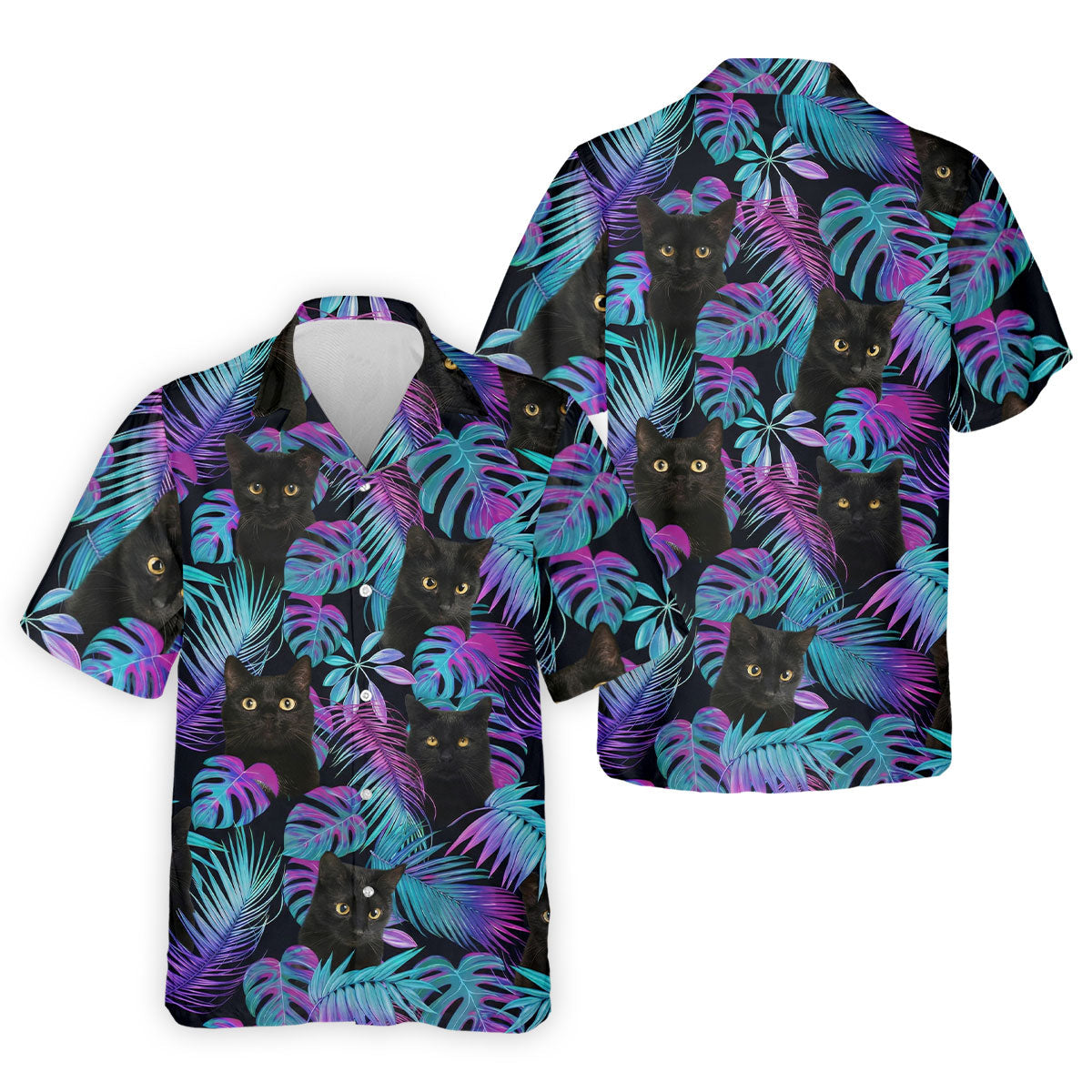 Funny Black Cat Purple Blue Gradient Hawaiian Golf Shirt, Golf Shirts For Men