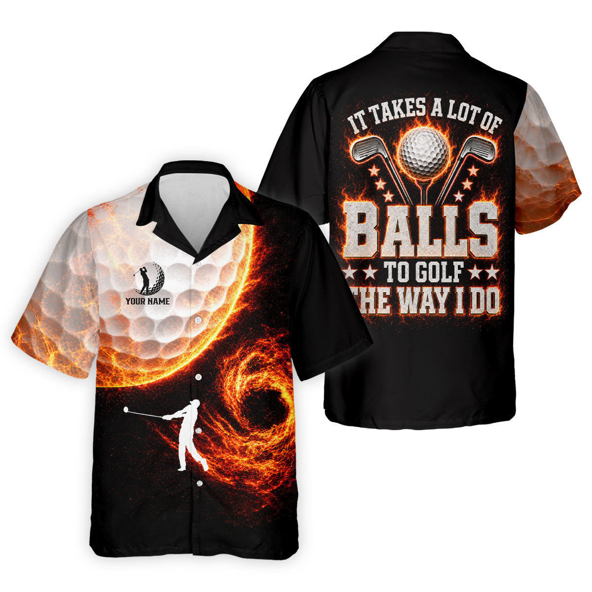 Custom Your Name Fire Golf Ball Polo Shirt, Golf Polo Shirts For Men, Mens Golf Apparel