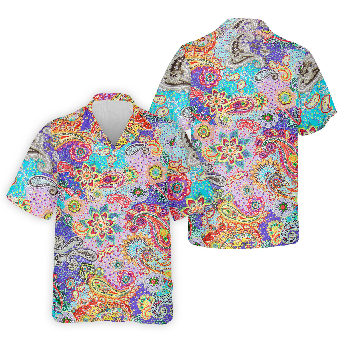 Vibrant Paisley Floral Patchwork Golf Polo Shirt, Hawaiian Golf Shirt, Mens Golf Polo