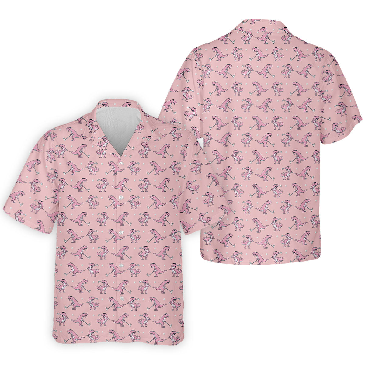 Pink T-Rex Dinosaur Golfer Pattern Golf Polo Shirt, Golf Shirts For Men, Mens Golf Apparel