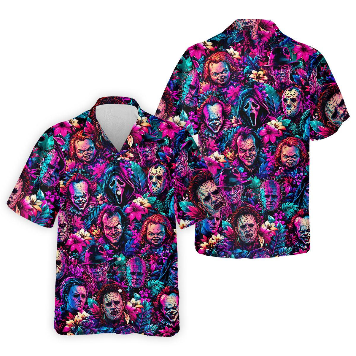 Neon Floral Horror Character Halloween Golf Shirt, Golf Shirts For Men, Mens Golf Apparel