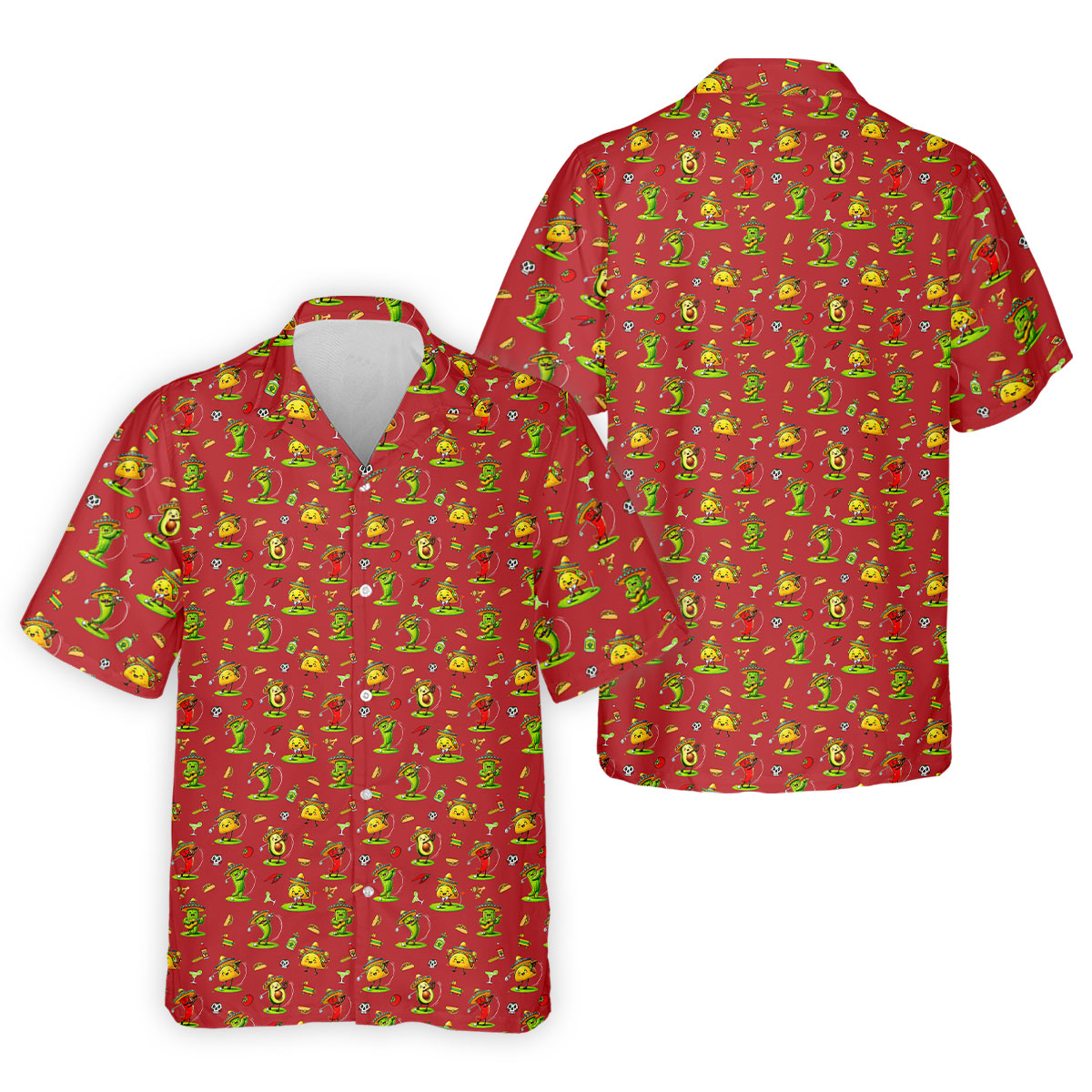 Mexican Cartoon Food Characters Cinco De Mayo Celebration Fiesta Themed Red Golf Shirts For Men