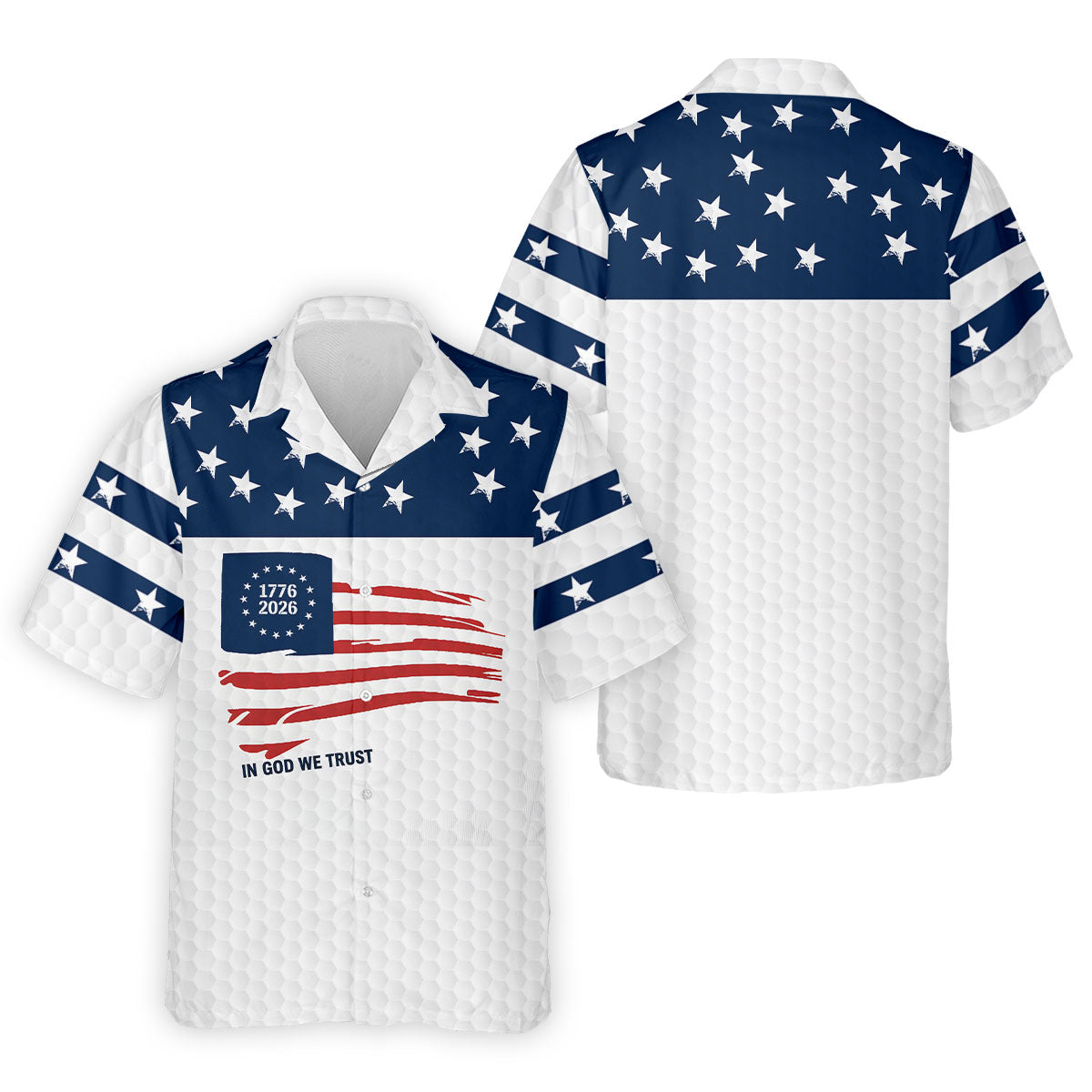 In God We Trust Golf Ball Pattern US Flag Golf Shirt, 250 Years 4th Of July Golf Shirts For Men
