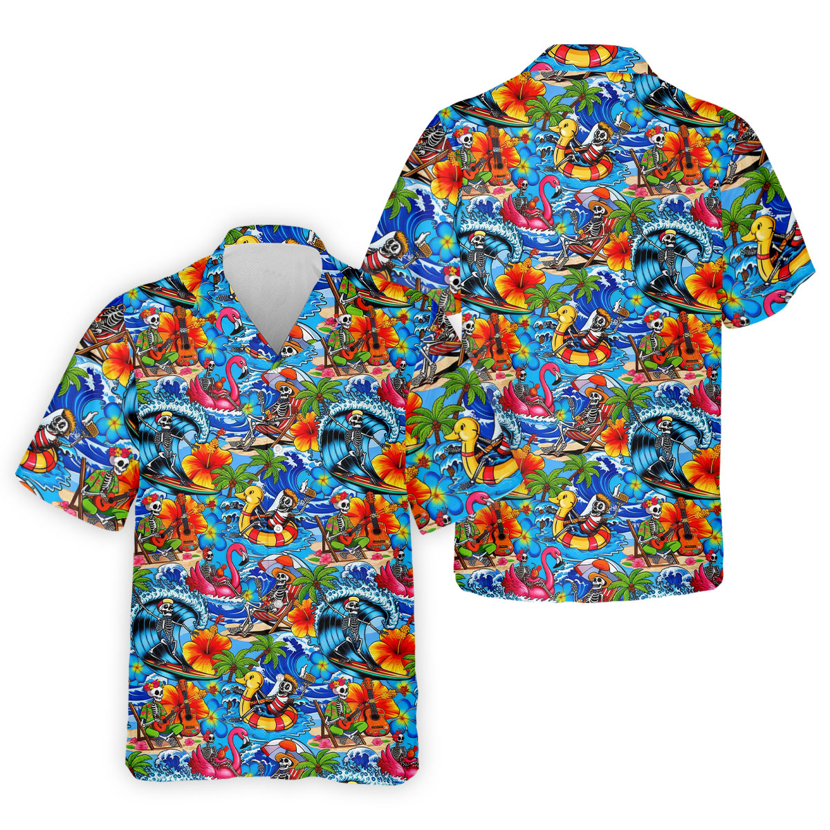 Blue Tropical Skeleton Surfer Pattern Golf Polo Shirt, Men's Golf Shirt, Golf Polo Shirts For Men