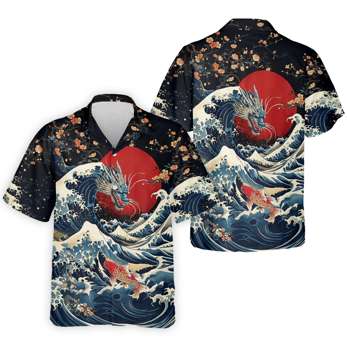 Japanese Dragon Koi Wave Hawaiian Golf Shirt, Mens Golf Apparel, Golf Polo Shirts For Men