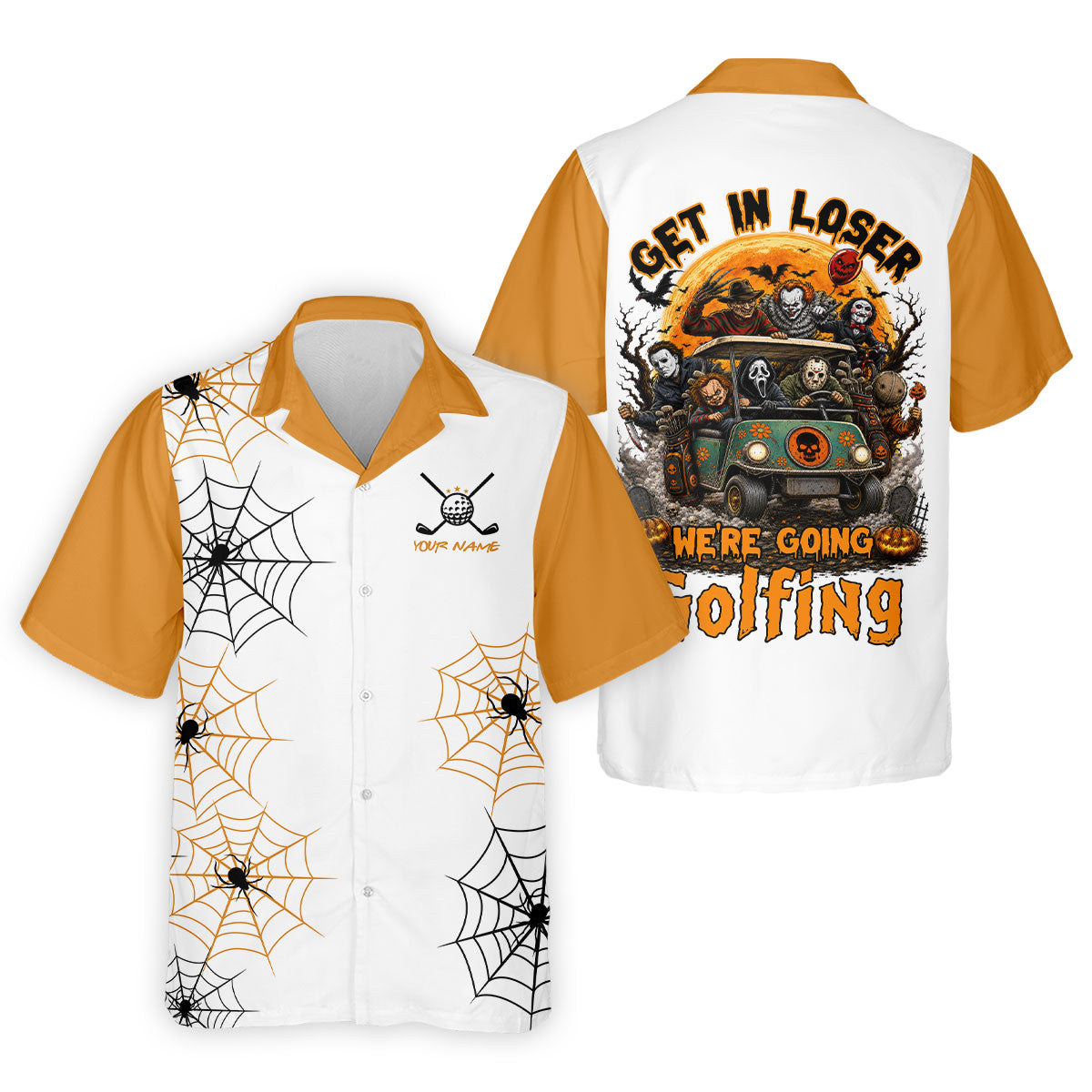 Custom Get In Loser We're Going Golfing Halloween Horror Character Golf Shirt, Golf Shirts For Men