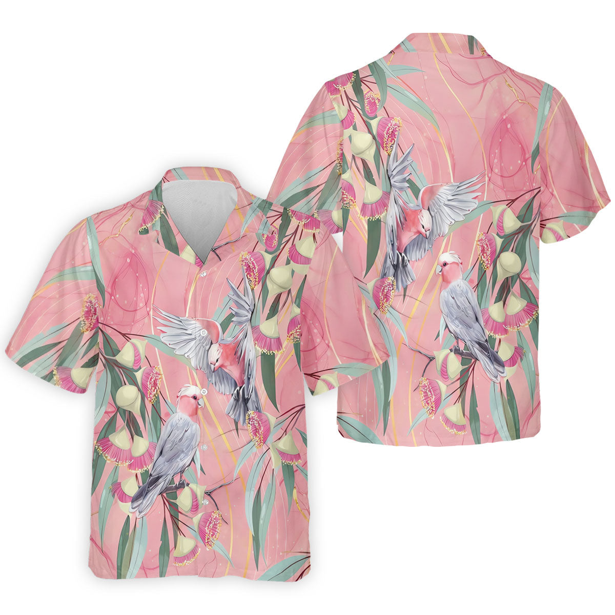 Pink Cockatoo Eucalyptus Floral Polo Shirt, Hawaiian Golf Shirt, Golf Shirts For Men