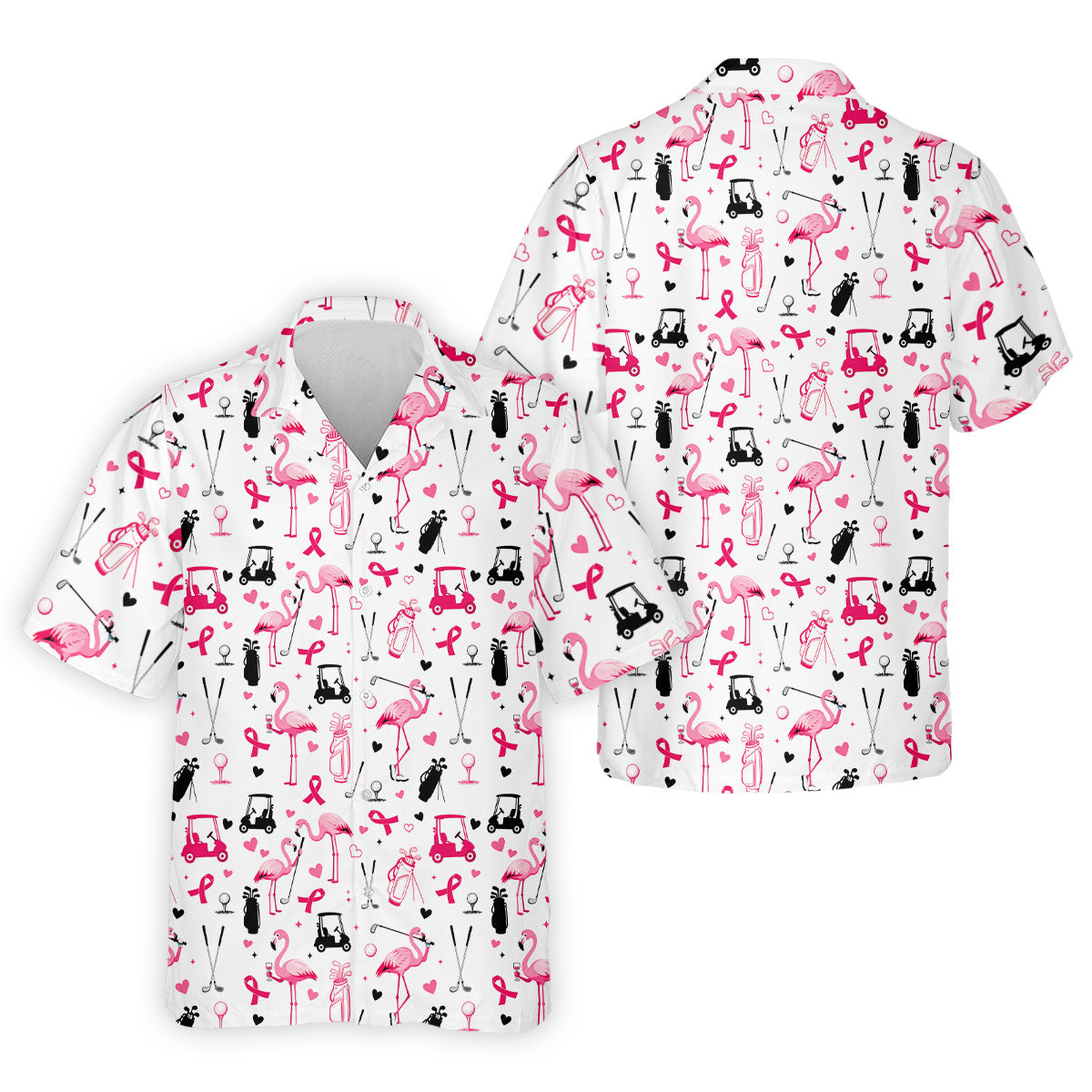 Pink Flamingo Golf Pattern Breast Cancer Polo Shirt, Hawaiian Shirts For Men, Mens Golf Polo