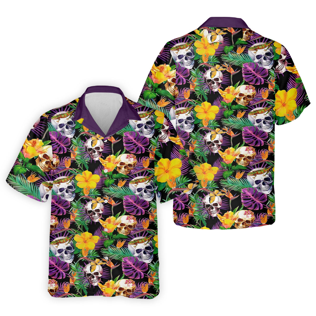 Tropical Sugar Skull Floral Golf Polo Shirt, Golf Shirts For Men, Printed Golf Shirts