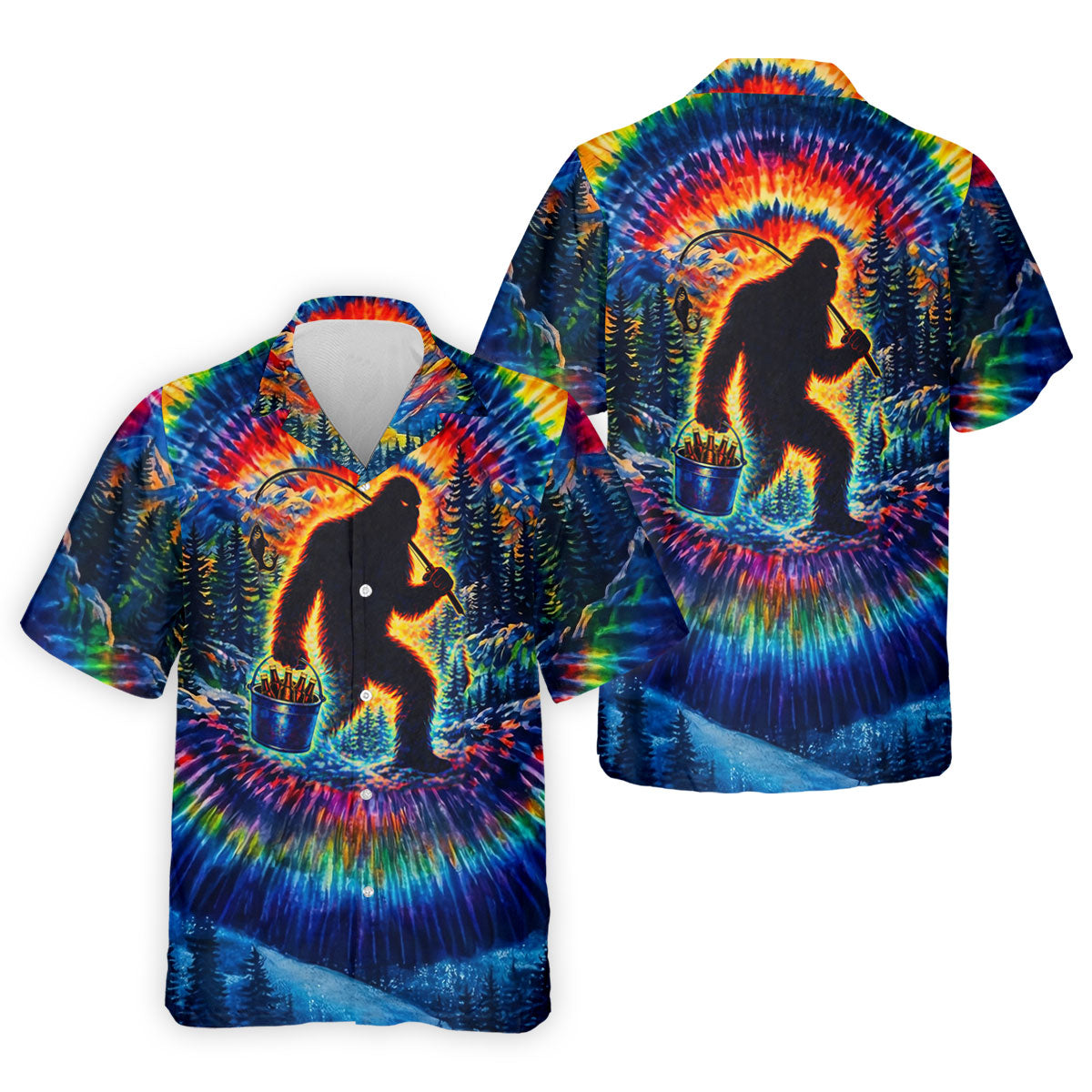 Tie Dye Bigfoot Fishing Forest Golf Shirt, Mens Golf Apparel, Printed Golf Shirts