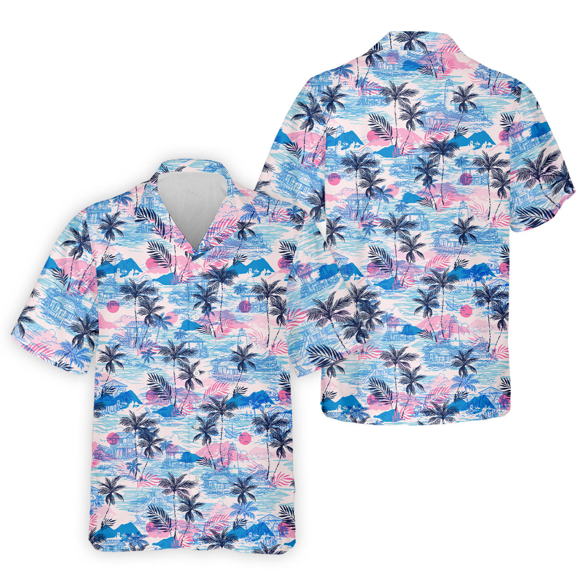 Tropical Island Sunset Pink And Blue Hawaiian Golf Shirt, Polo Shirts For Men, Golfing Apparel