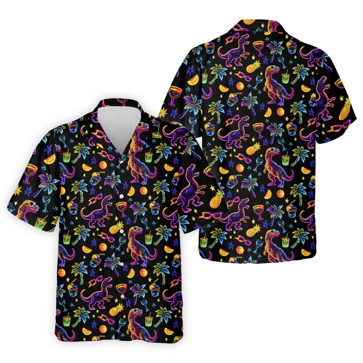 Neon Dinosaur Tropical Theme Hawaiian Golf Shirt, Polo Shirts For Men, Golfing Apparel