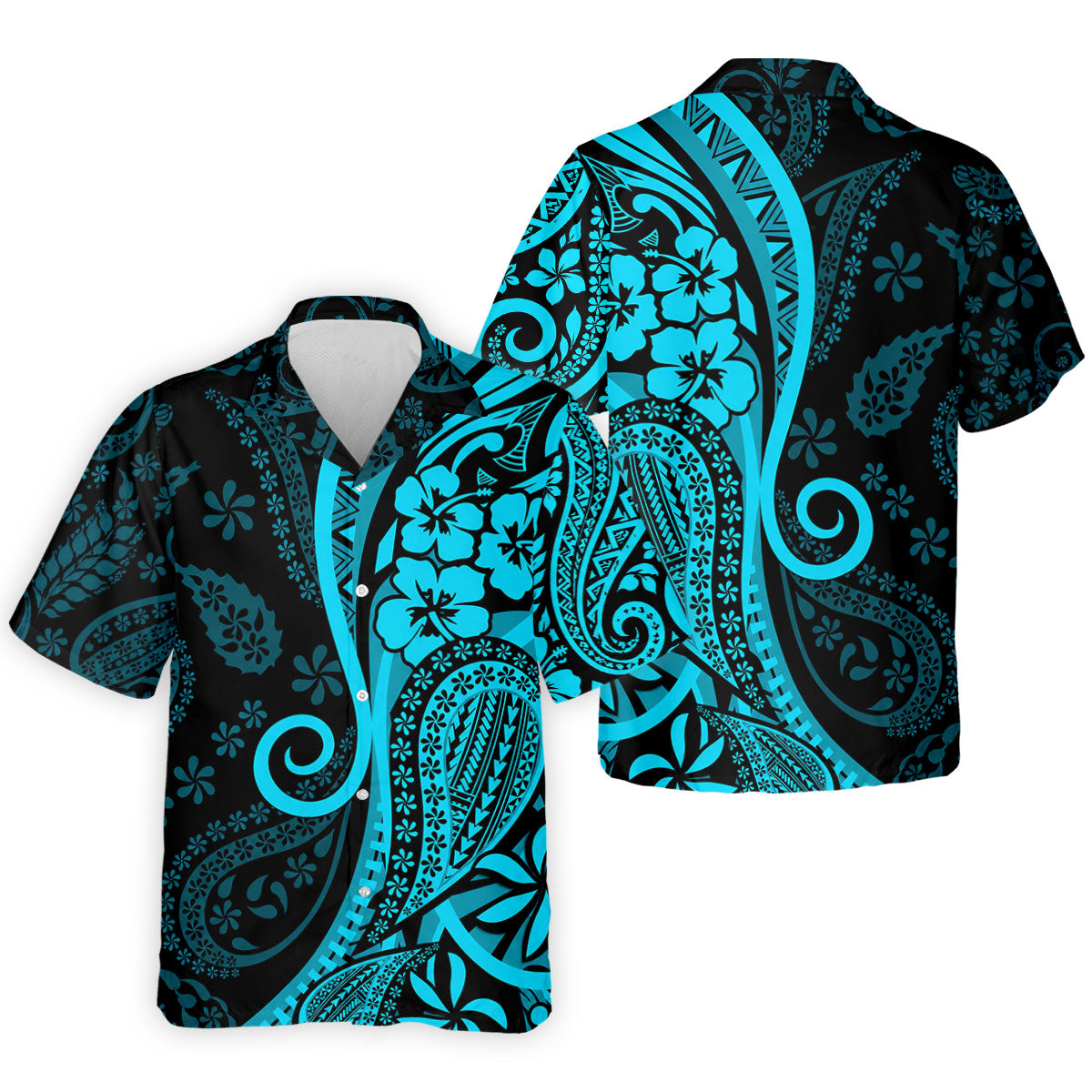 Island Tribal Golf Shirt, Blue Hawaiian Hibiscus Polo, Polo Shirts For Men