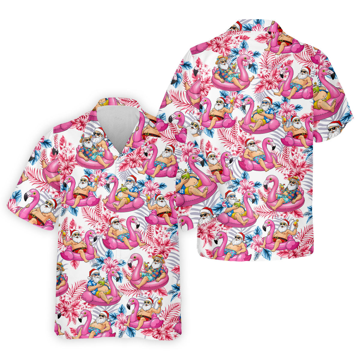 Santa Flamingo Float Tropical Christmas Golf Shirt, Christmas Hawaiian Shirt, Christmas Golf Shirt