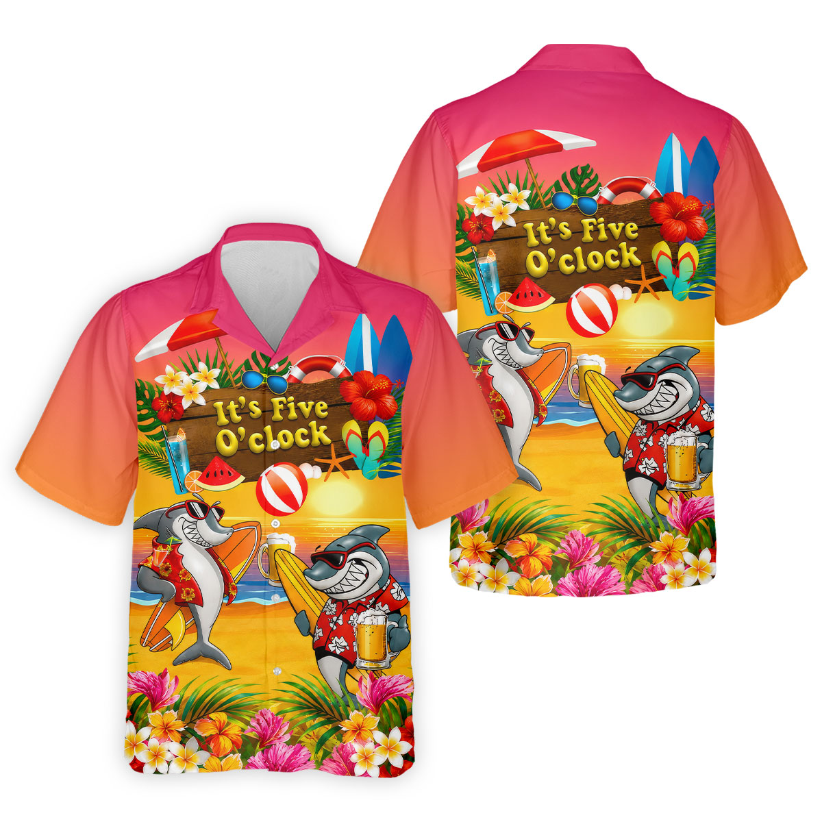Pink Sunset It's Five O'Clock Beach Shark Golf Polo Shirt, Men's Golf Shirt, Golf Polo Shirts For Men