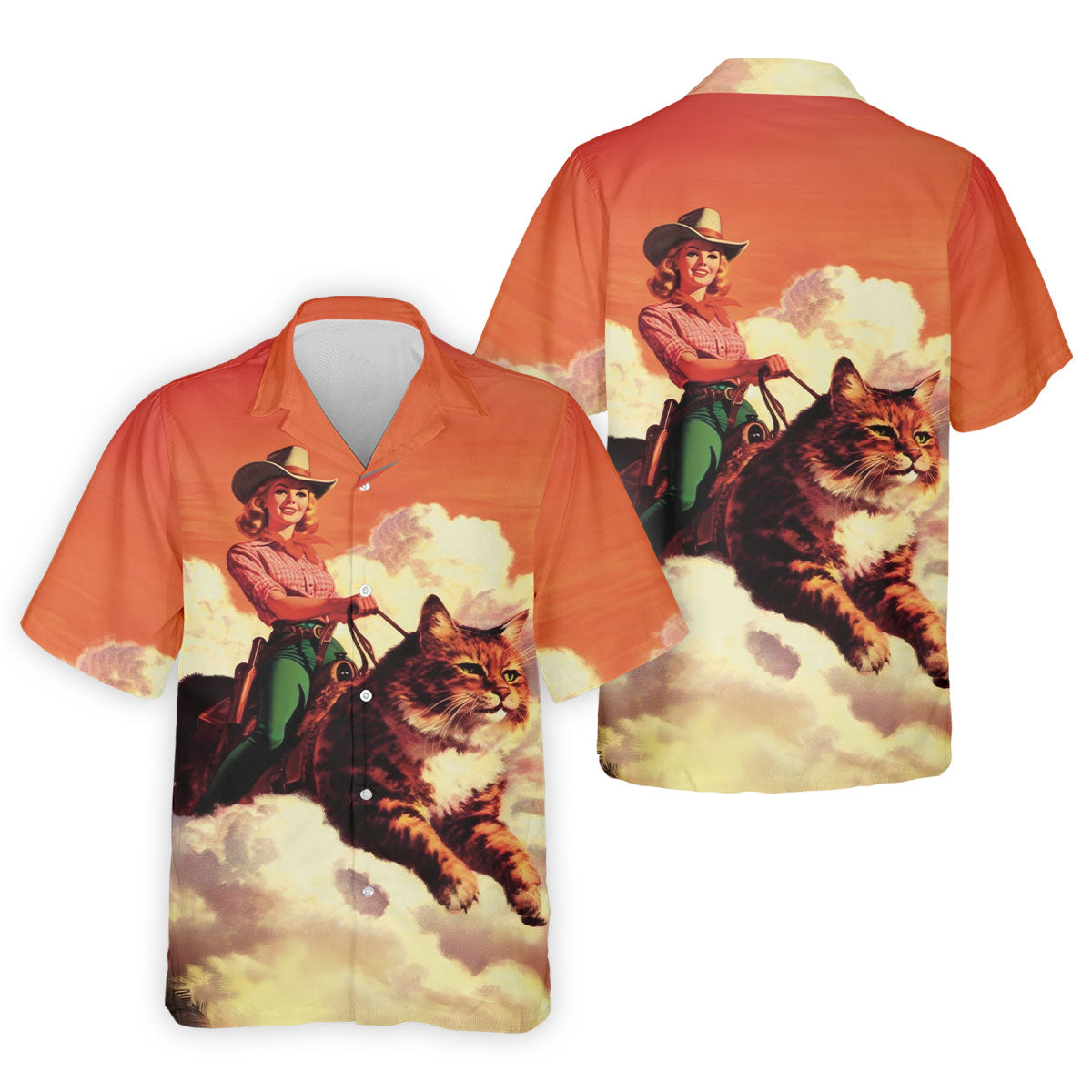 Orange Vintage Cowgirl Riding Giant Cat Golf Polo Shirt, Golf Shirts For Men, Hawaiian Golf Shirt