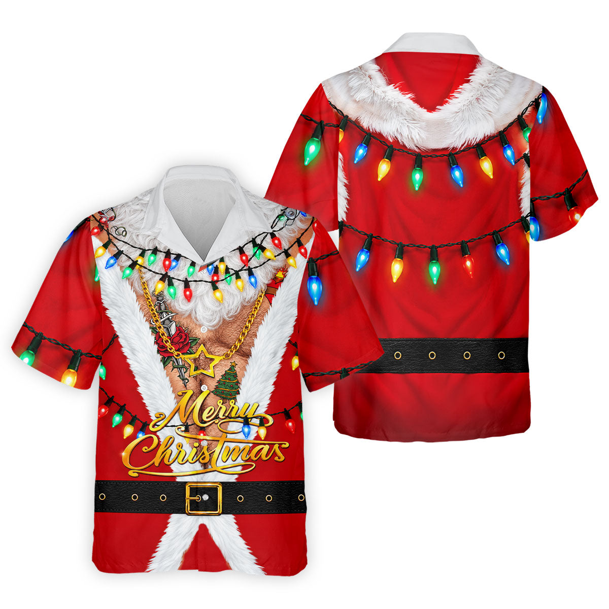 Merry Christmas Santa Lights Gold Chain Polo Shirt, Mens Golf Polo, Golf Shirts For Men