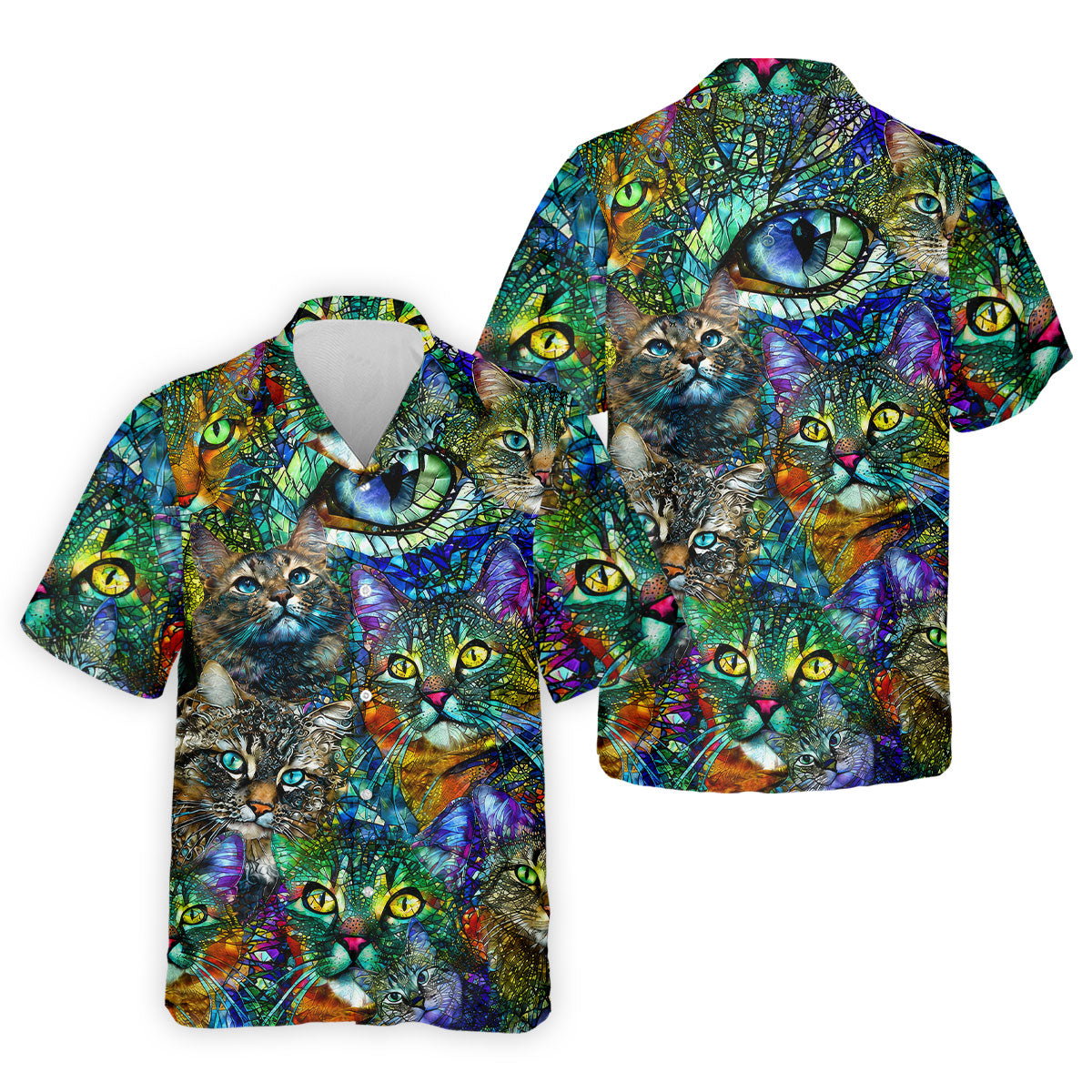 Colorful Stained Glass Cat Art Golf Polo Shirt, Men's Golf Shirt, Golf Polo Shirts For Men
