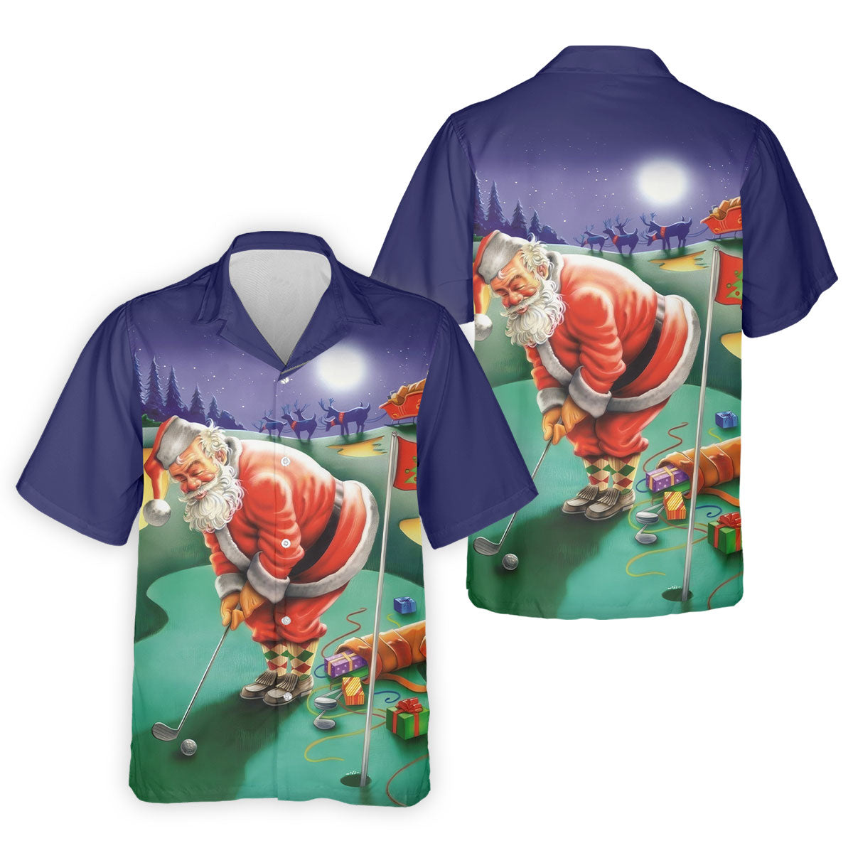 Men's Santa Night Golf Scene Golf Shirt, Christmas Golf Shirt, Golf Apparel For Men