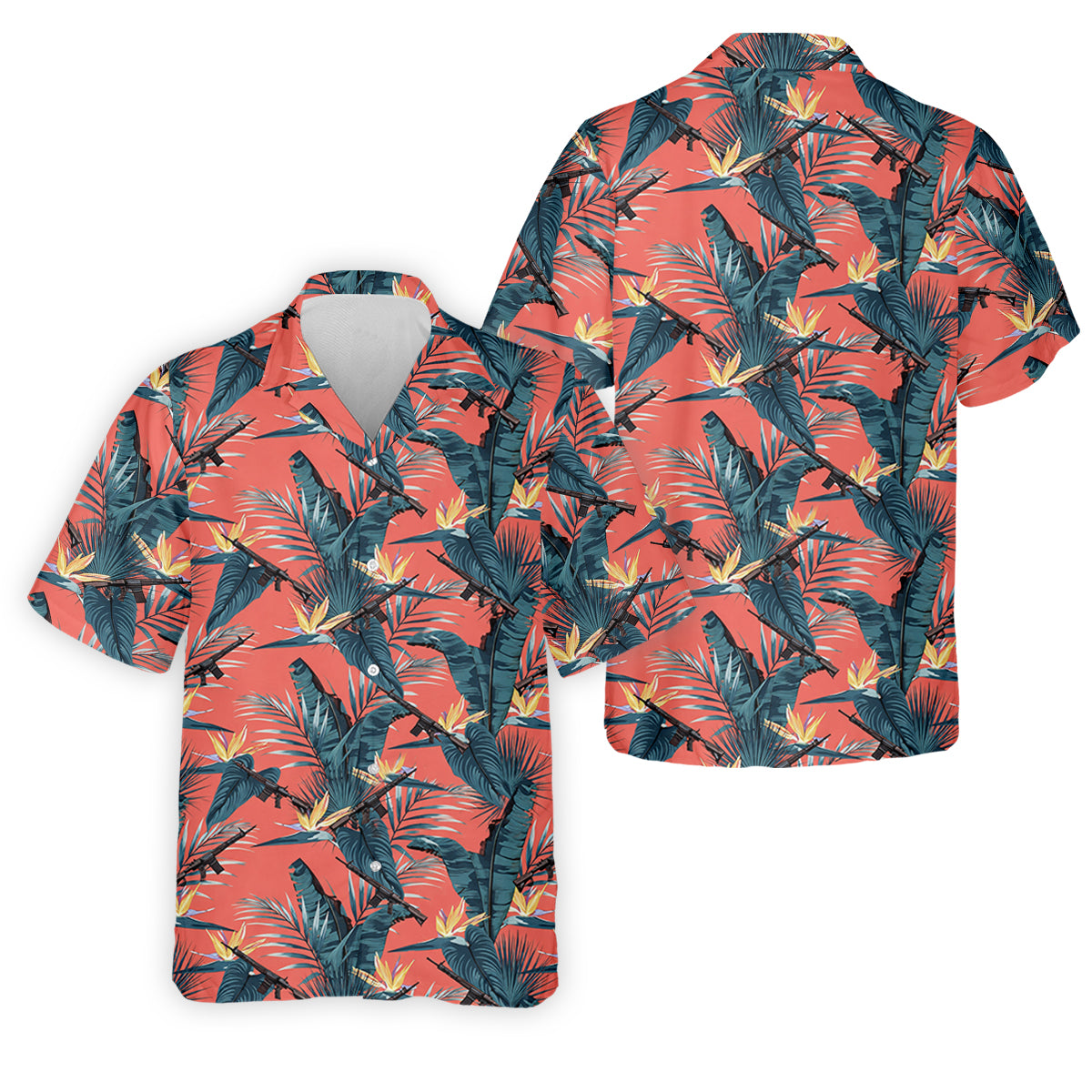 Tropical Palm Leaf And Rifle Pattern Coral Golf Polo, Printed Golf Shirts, Golf Apparel For Men
