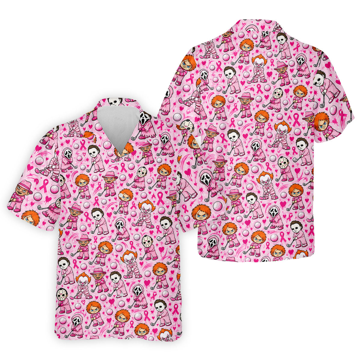 Halloween Horror Character Breast Cancer Polo Shirt, Mens Golf Shirts, Mens Golf Apparel