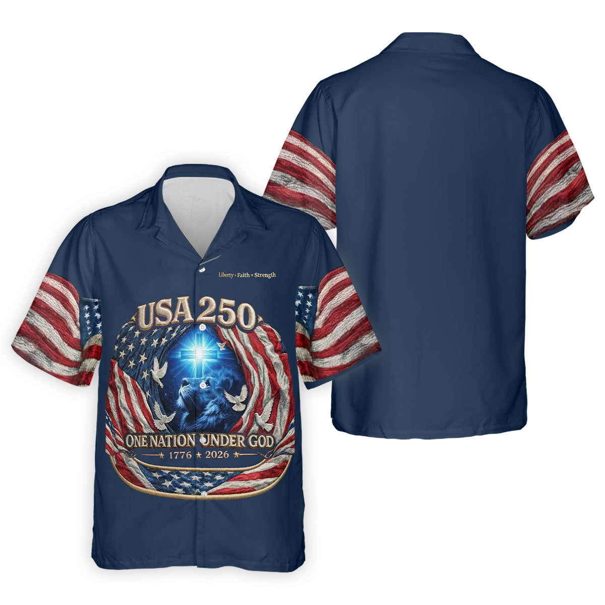 One Nation Under God Faith Cross USA 250 Navy Golf Shirt, 4th Of July Golf Shirts For Men