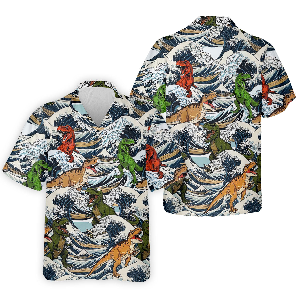 T Rex Surfing Great Wave Golf Polo Shirt, Men's Golf Shirt, Printed Golf Shirts