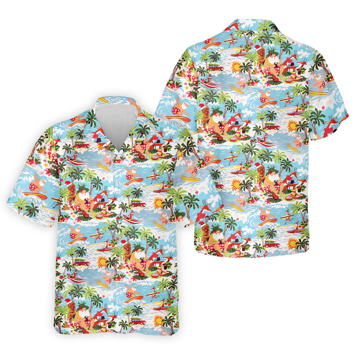 Surfing Santa Tropical Christmas Golf Shirt, Beach Reindeer Holiday Polo, Hawaiian Golf Shirt, Printed Golf Shirts