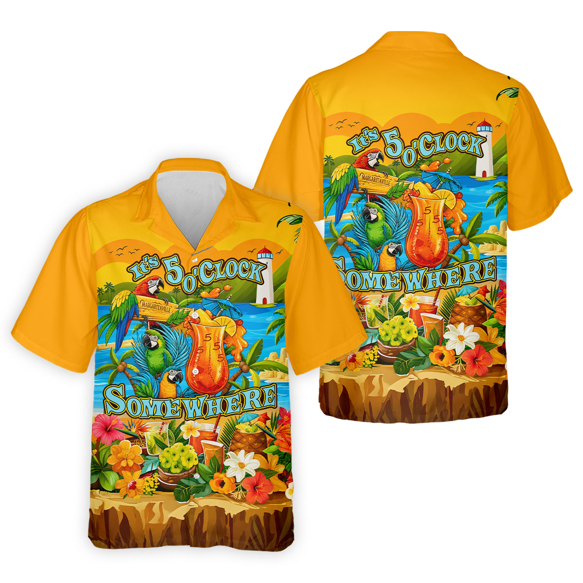 Golden Tropical Parrot Beach Cocktail Golf Polo Shirt, Men's Golf Shirt, Golf Polo Shirts For Men