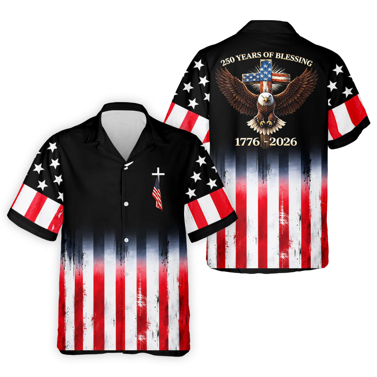 250 Years Of Blessing Faith Cross American Flag Golf Shirt, Patriotic 4th Of July Golf Shirts For Men