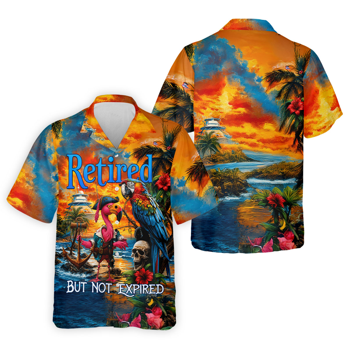 Retired Parrot Flamingo Pirate Tropical Golf Shirt, Mens Golf Polo, Hawaiian Golf Shirt, Golf Apparel For Men
